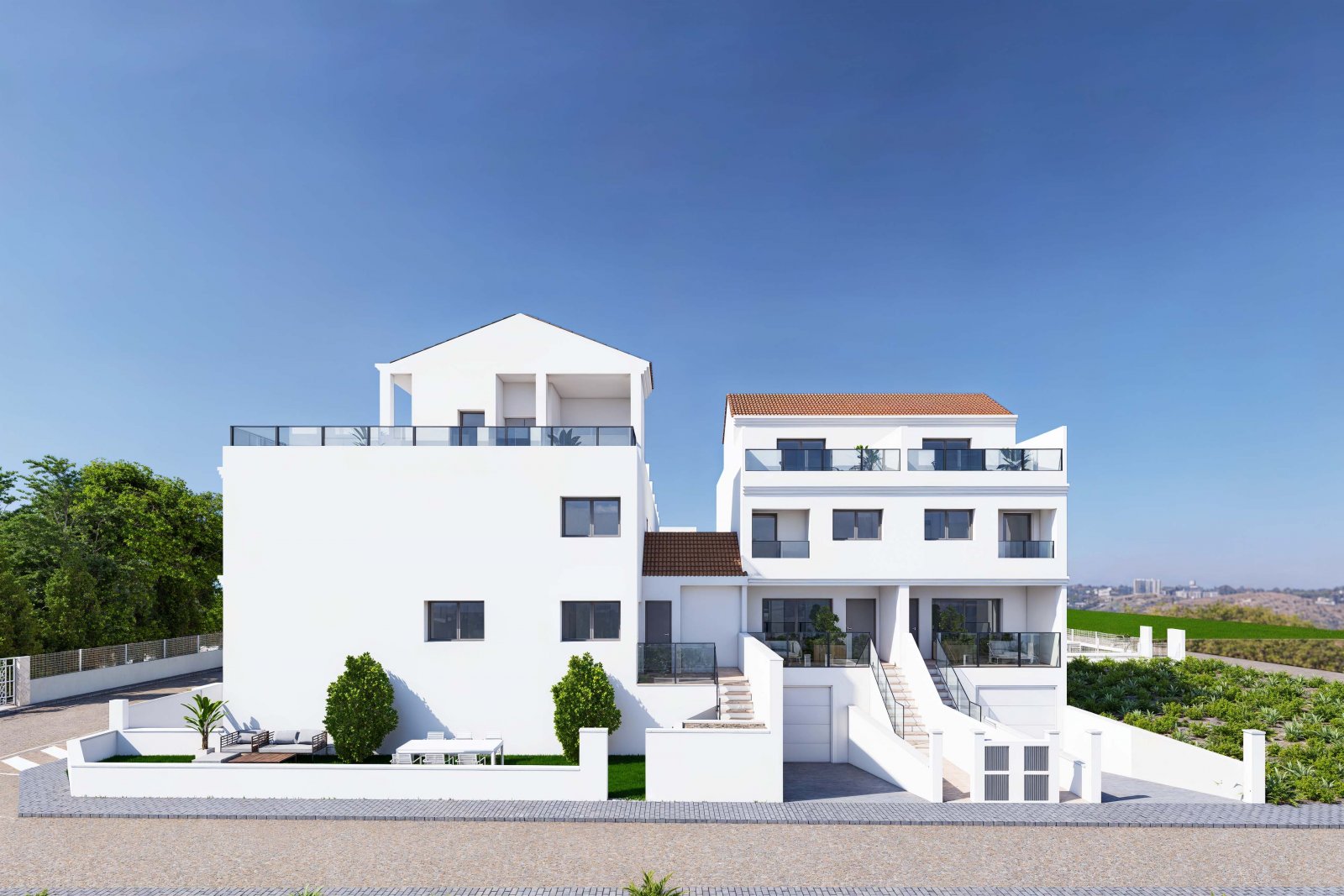 Moderne Stadthäuser, private Terrassen und Pool, Rafal