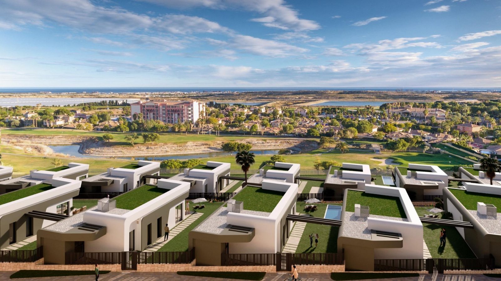 Neue Wohnhäuser in Mutxamel neben dem Golfplatz Bonalba mit Meerblick