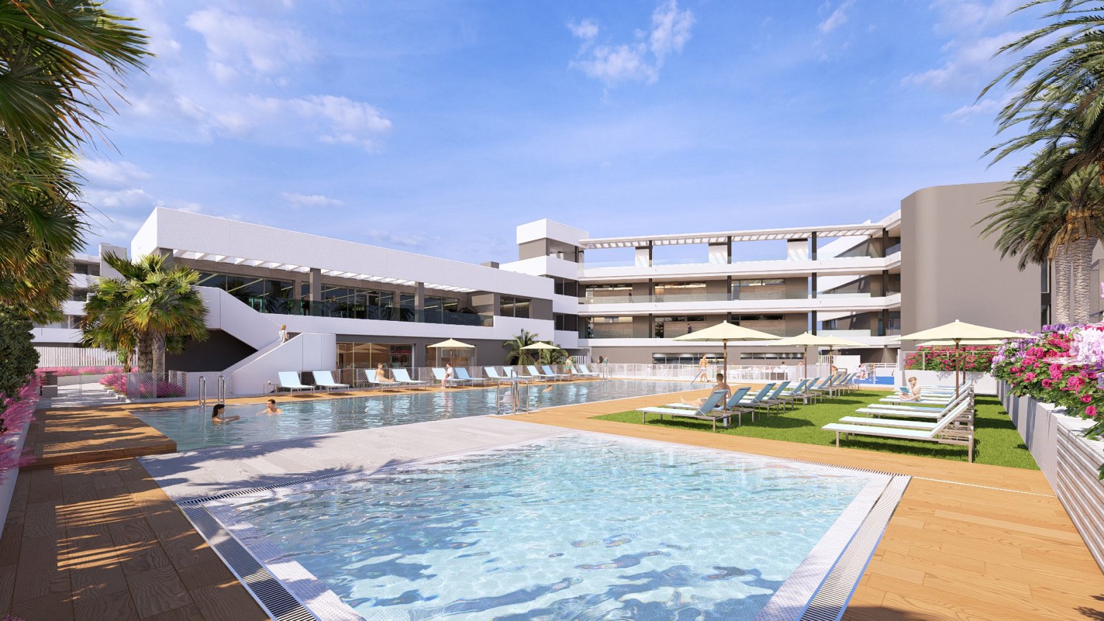 Modern apartment with private solarium, just a few minutes from the sea and near renowned golf courses.