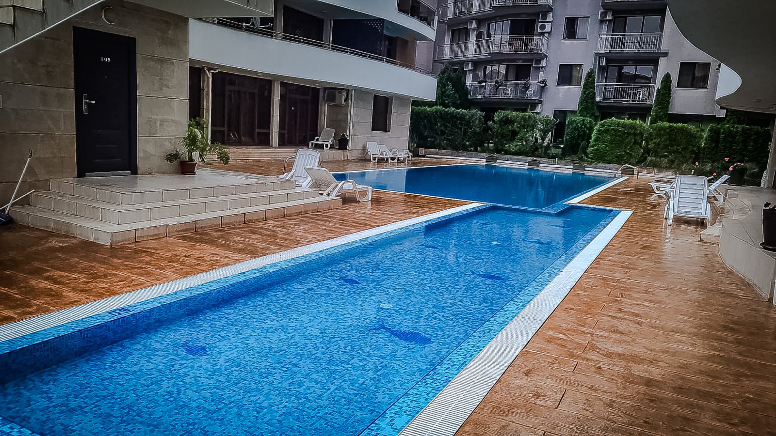 Three-room apartment in the Eden complex at Sunny Beach with a view of the pool