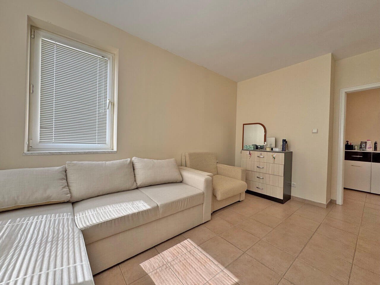 Two-room apartment in the Sea Dreams complex with a view of the pool at Sunny Beach.