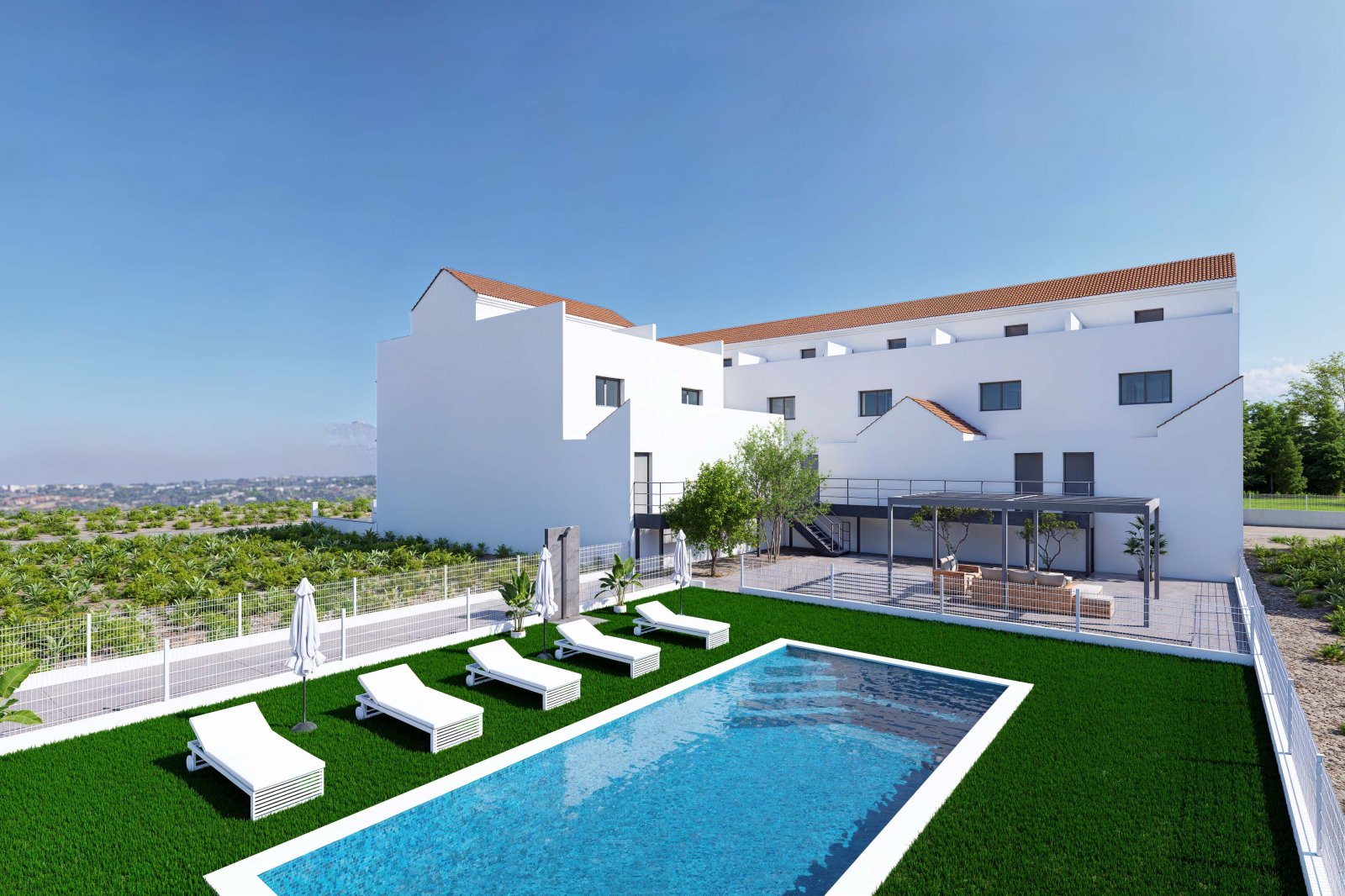 Moderne Stadthäuser, private Terrassen und Pool, Rafal