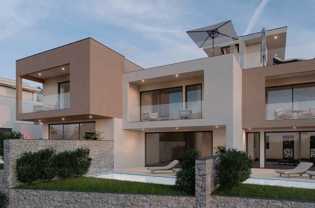 Modernes Stadthaus mit Swimmingpool, Garten und Meerblick in Vodice